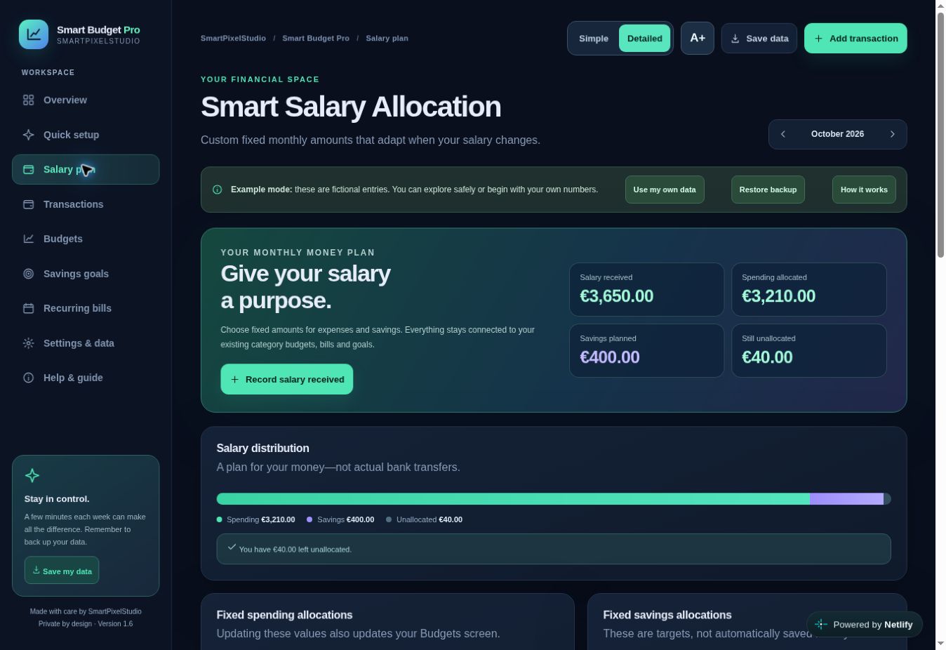 Actual Smart Budget Pro salary allocation screen with fictional salary and savings breakdown